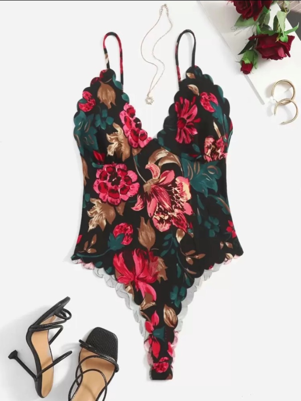 🔥Floral Print Scallop Trim Cami Bodysuit
